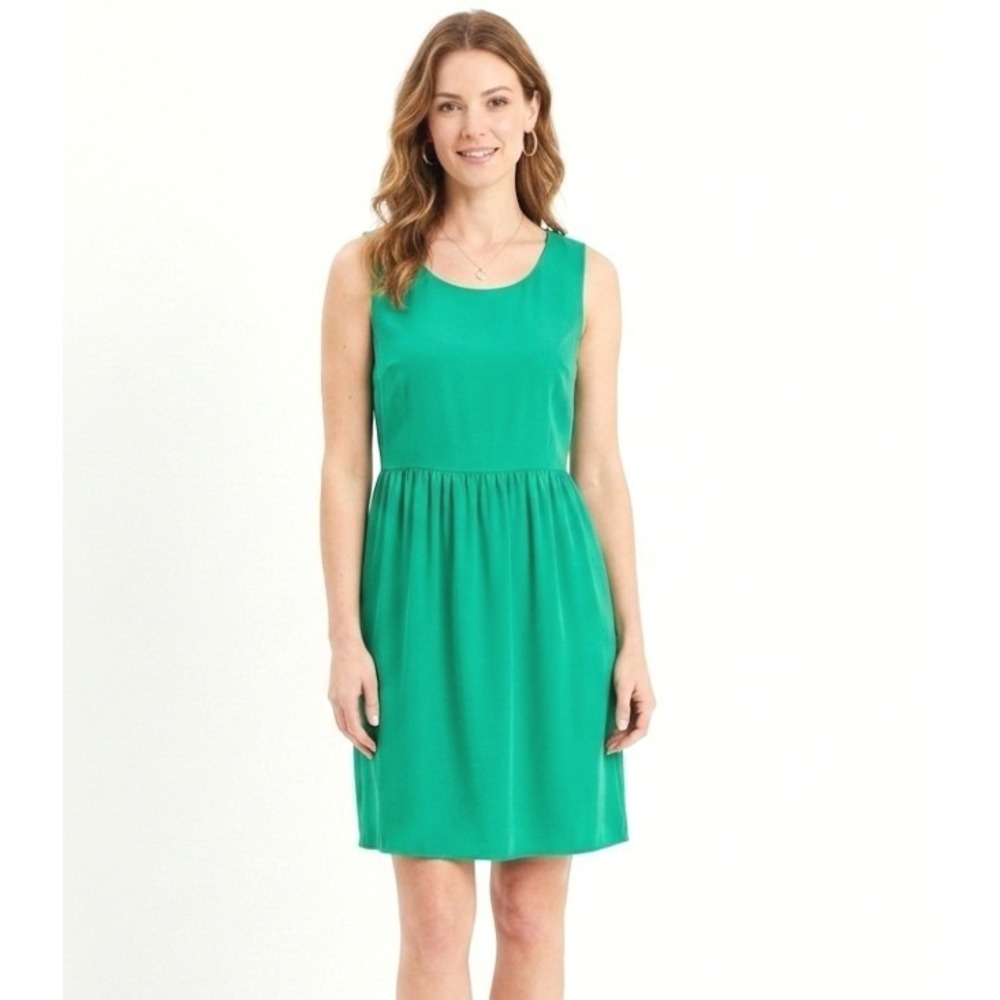 J.Crew Dress Women 10P Green Sleeveless Scoop Neck Gathered Waist Fit Flare Chic